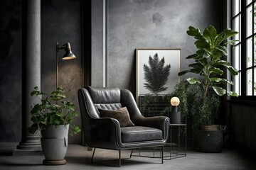 Intérieur de style loft avec fauteuil gris sur mur de ciment foncé. Ai générative 