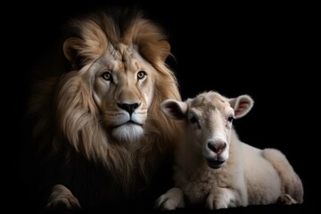 A lion and a lamb sitting side by side, created with Generative Ai Technology