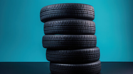 Fototapeta na wymiar Stack of wheel new black tyres for winter car driving isolated on colored background, generative ai