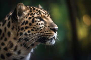 A close up of a leopard's face with trees in the background, created with Generative Ai Technology