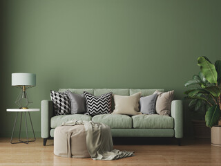 Green modern living room with sofa plant and stool.3d rendering