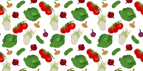 Seamless pattern with organic fresh vegetables. Healthy vitamin food. Vegetable background, vector illustration for print and decoration