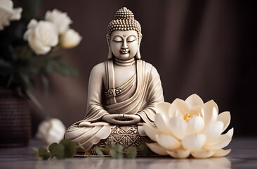 Buddha Statue in Meditation in a Dark Room With White Lotus Flower: AI Generated Image
