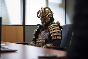 A samurai on an interview asking for a job, created with Generative Ai Technology