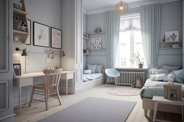 Modern apartment kids room design in neutral color palette with touches of frosty blues and purples, and sleek Scandinavian furniture that maintains the room's clean lines and functional design. Gener