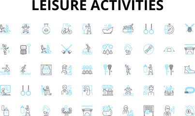 Leisure activities linear icons set. Hiking, Camping, Swimming, Biking, Surfing, Skiing, Fishing vector symbols and line concept signs. Hunting,Reading,Writing illustration Generative AI