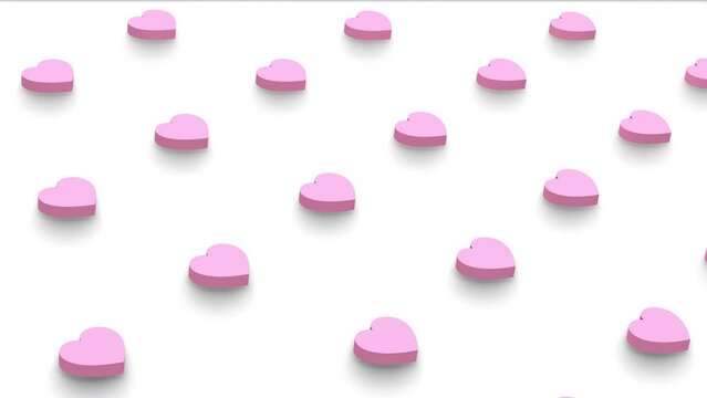 Abstract 3d animation of grid of light pink heart shapes in isometric view. Computer generated loop animation. Lovely heart pattern, 4K seamless motion design
