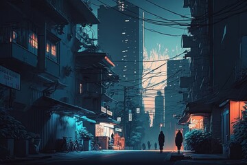 A couple of people walking down a street next to tall buildings illustration with cinematic mood, created with Generative Ai Technology