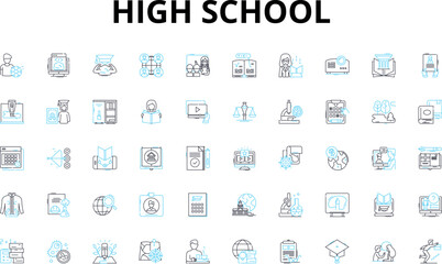 Fototapeta na wymiar High school linear icons set. Adolescence, Homework, Extracurricular, Exams, Sports, Socializing, Cliques vector symbols and line concept signs. Scholarships,Leadership,Electives Generative AI