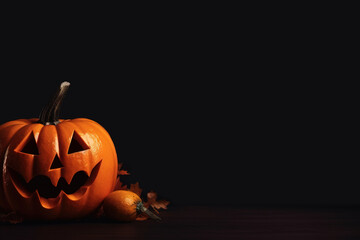 Autumn holiday Halloween concept. Pumpkin with halloween face on a dark background with copy space. Generative AI