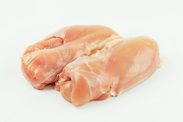 Skinless chicken meat.Raw fresh skinless chicken leg and thigh meat on a white background.Copy space.Food for retail.Ogranic food,healthy eating.Food concept.Top view..