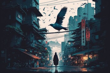 A person walking down a street and birds flying above with cinematic scene, created with Generative Ai Technology