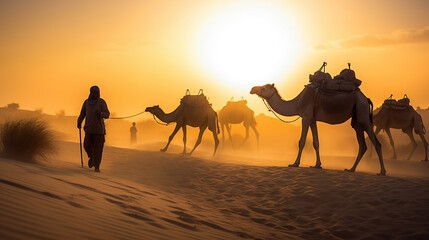 Indian cameleers bedouin with camel silhouettes in sand dunes of Thar desert on sunset. Caravan in Rajasthan travel tourism background safari adventure. Jaisalmer, Rajasthan, India, generative ai