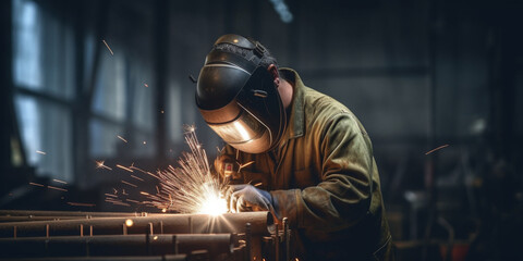 Metal Worker welding a pipeline - obrazy, fototapety, plakaty