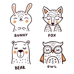 Bunny, fox, bear and owl hand drawn vector illustrations set