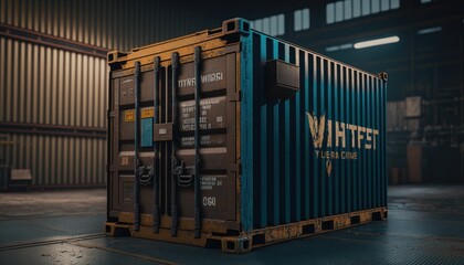 Cargo container. Closed sea container in hangar. Metal box for transportation. Place for inscription on white. Blue cargo container. Freight transportation service concept. 3d image. Generative AI