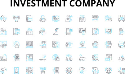 Fototapeta na wymiar Investment company linear icons set. Portfolio, Dividends, Stocks, Bonds, Mutual Funds, Capital, Risks vector symbols and line concept signs. Returns,Growth,Diversification illustration