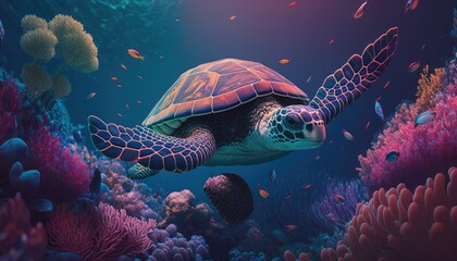 An adult green sea turtle swims over a shallow coral reef and sea grass bed in the turquoise ocean waters. Generative AI