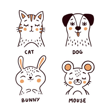 Cat, dog, bunny and mouse vector illustrations collection