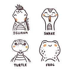 Iguana, snake, turtle and frog vector illustrations set