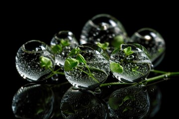 A group of glass balls with green leaves inside, created with Generative Ai Technology