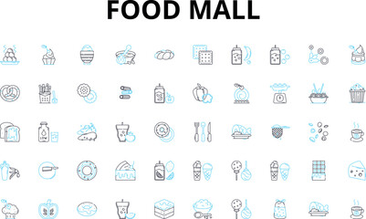 Fototapeta na wymiar Food mall linear icons set. Foodie, Gourmet, Casual, Vibrant, Tasty, Delicious, Variety vector symbols and line concept signs. Yummy,Fast,Fresh illustration