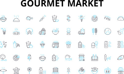 Gourmet market linear icons set. Artisan, Organic, Specialty, Local, Unique, Quality, Fresh vector symbols and line concept signs. Exotic,Imported,Handcrafted illustration