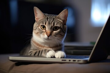 a gray cat is looking at a laptop screen Generative AI