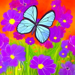 Painting of a blue butterfly flying over purple flowers. Generative Ai 