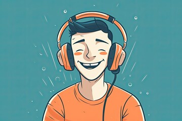 Young cheerful guy in big headphones listens to music and smiles. Illustration in cartoon style. Generative AI