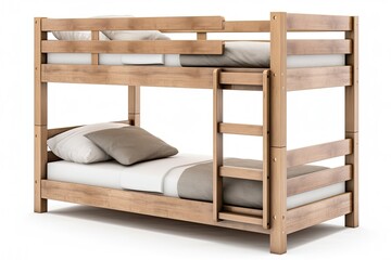 Bunk wooden bed with linens isolated on white background. Generative AI