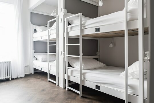 Hostel dormitory beds arranged in room. Generative AI