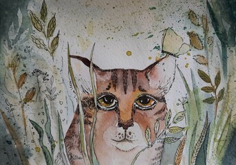 Cat, grass, leaves. Watercolor illustration