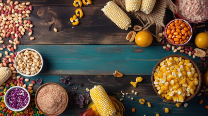 Festa Junina party background with popcorn, peanuts and traditional sweets. Brazilian summer harvest festival concept. Top view, generative ai