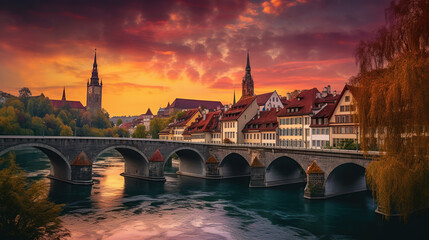 Fototapeta na wymiar Incredible vivid cityscape. Scenic view Historical Old Town of Bern city with colorful sky, view on bridge over Aare river and church tower during dramatic sunset. generative ai