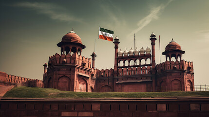 Red fort delhi india with india flag flying high, generative ai