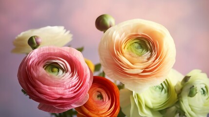 Fototapeta na wymiar Beautiful spring ranunculus flowers on color background, closeup