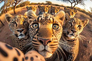 Macrophotography selfie of a group of leopards that are standing in the dirt, created with Generative Ai Technology