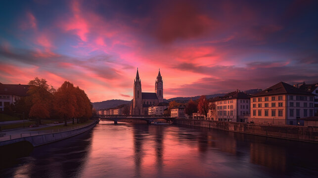 Cityscape image of Zurich with colorful sky, during dramatic sunset, generative ai