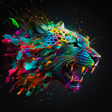 Cartoon colorful lynx with on black background, generative ai
