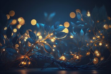 holiday illumination and decoration concept - Christmas garland bokeh lights over dark blue background, created with Generative Ai Technology