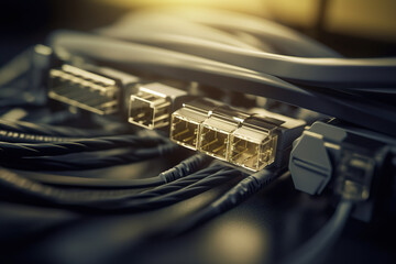 Server staggered cables and interfaces. Network cables connected in network switches. Network panel, switch and cable in data canter. 3D realistic illustration. Creative AI