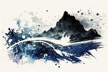 A watercolor painting of a mountain and a wave, created with Generative Ai Technology