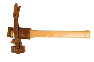 Austrian axe pickaxe in a leather case. Isolated on white.