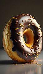 A chocolate donut with caramel drizzled on top. Delicious glazed donut dessert. Freshly baked donut. 3D realistic illustration. Creative AI