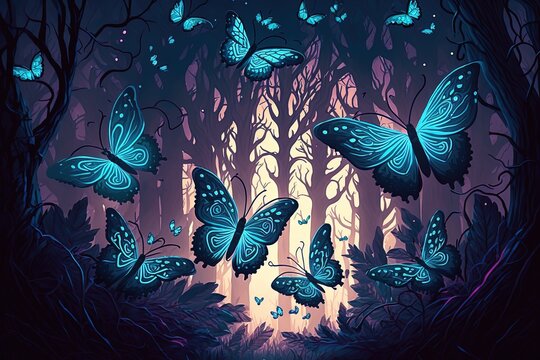 A painting of blue butterflies flying through a forest, created with Generative Ai Technology