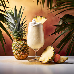 Realistic Colorful Photo of Pina Colada Coctail, Prepared and Served in Stylish Glass with fruits, made with Ai Technology