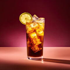 Realistic Colorful Photo of Long Island Iced Tea Coctail, Prepared and Served in Stylish Glass with fruits, made with Ai Technology
