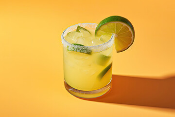Realistic Colorful Photo of Margarita Coctail, Prepared and Served in Stylish Glass with fruits, made with Ai Technology