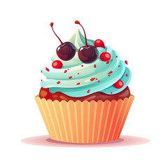 Isolated on white a teal birthday cupcake covered in butter cream icing. Cupcake with swirl cream decorated with sprinkles and strawberry. 3D realistic illustration. Generative AI